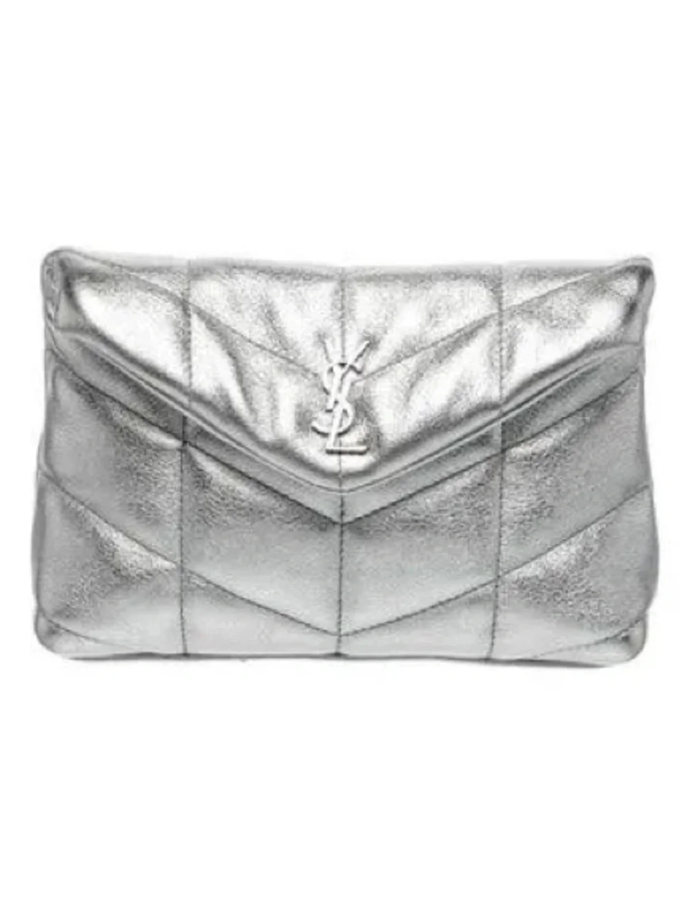 GORGEOUS Saint Laurent Silver Metallic Leather LouLou Puffer Pouch Clutch $1090